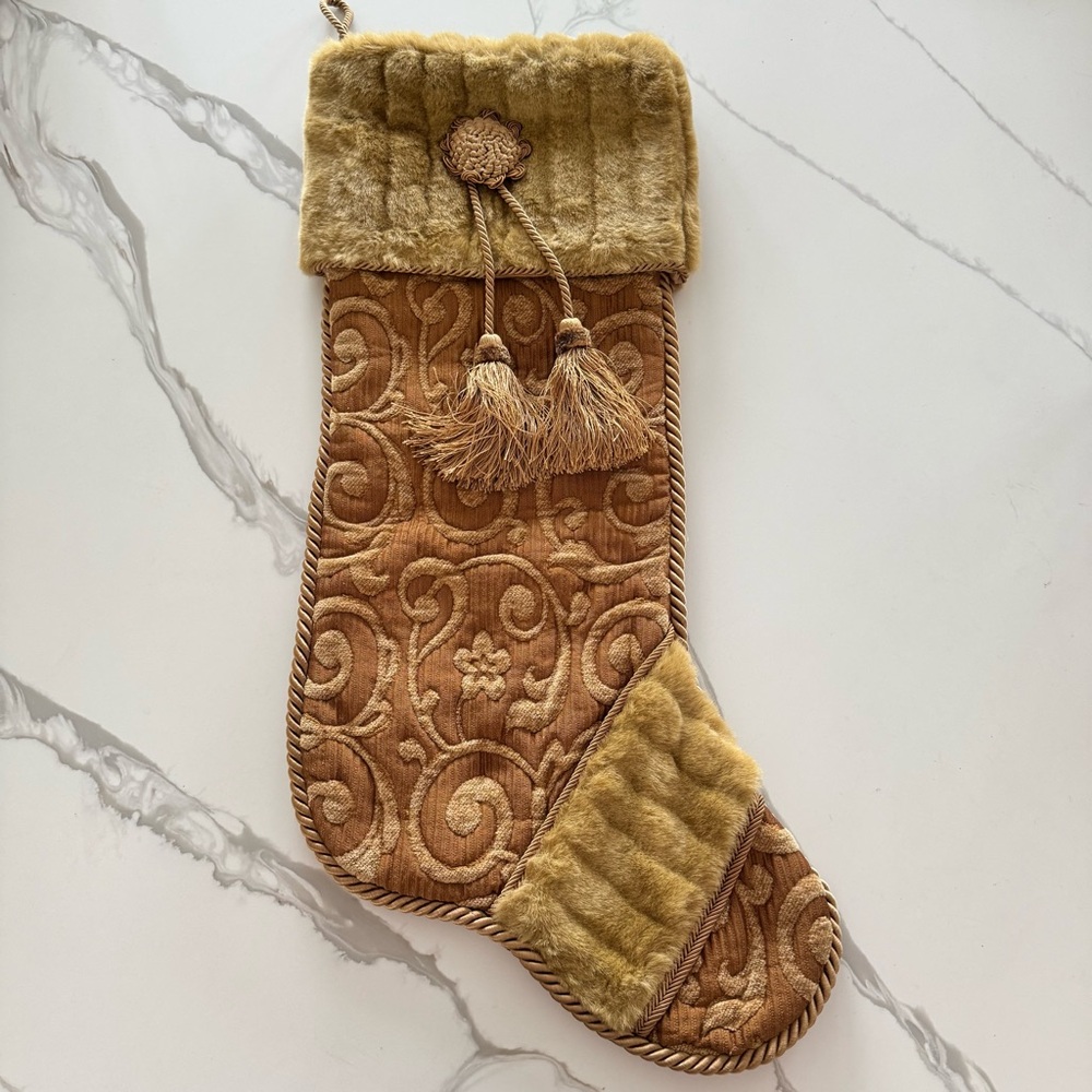 Christmas Stocking Tan Gold Holiday Faux Fur‎ Tassels Rope Trim Velvet Bells